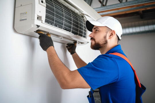 HVAC technician installing a mini split air conditioner in Santa Paula