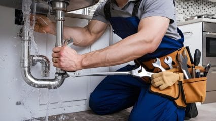 Plumber repairing pipes beneath a sink in Santa Paula
